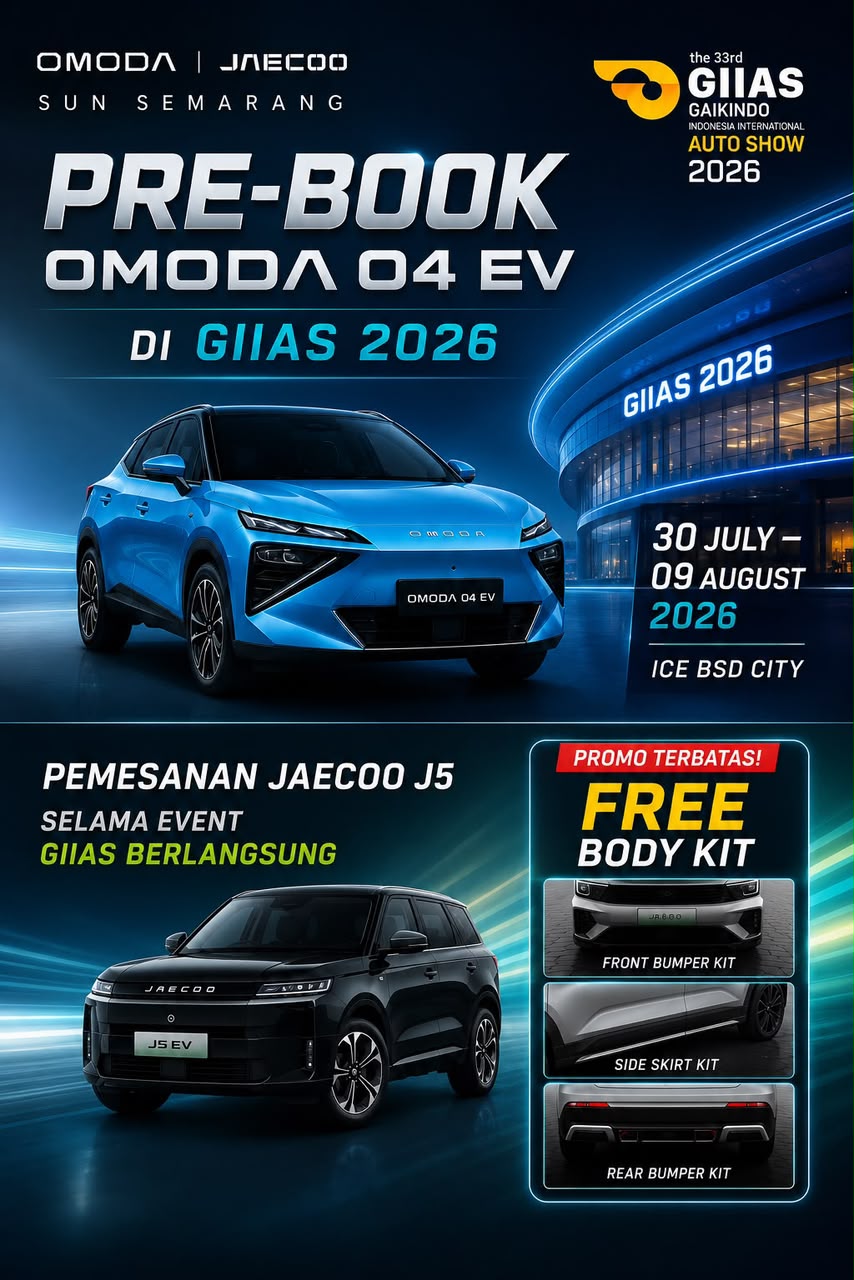 Pre-Book di GIIAS 2026. Jumpai OMODA 04 EV langsung di pameran otomotif terbesar tahun ini. Pemesanan JAECOO J5 selama event berlangsung juga mendapat free body kit.